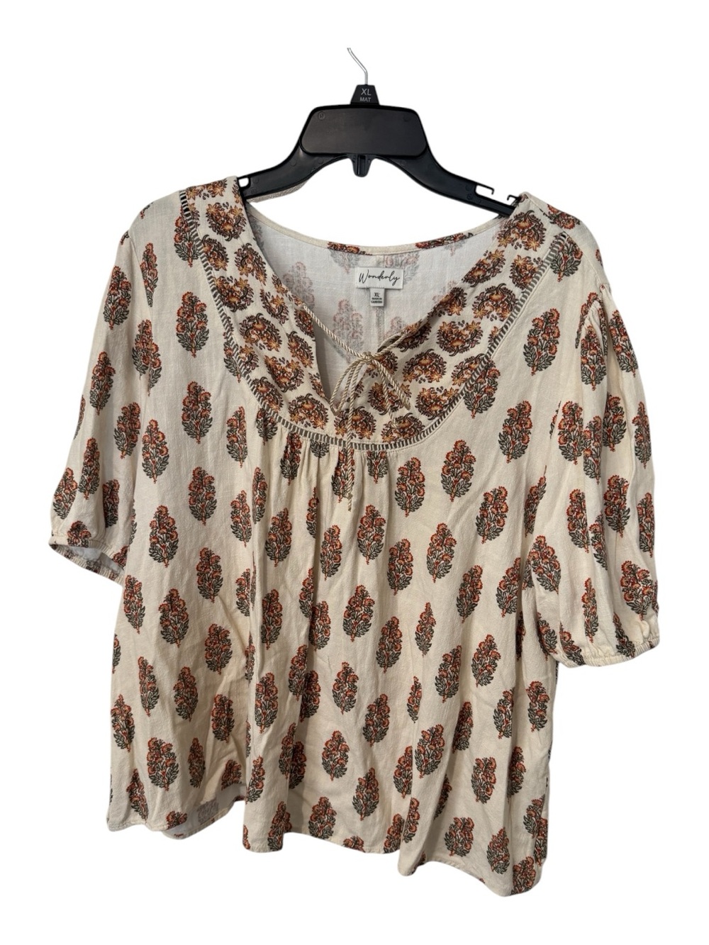 Wonderly XL Floral Boho Blouse Rayon Linen Blend Peasant Tie Neck Ivory Rust - Picture 2 of 6